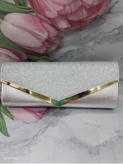 กระเป๋าคลัทซ์เงินแต่งกลิตเตอร์ขอบทอง+โซ่