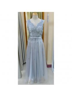 เทา ยาว มุ้ง อกลูกไม้ละเอียด กระโปรงปักดอกไม้(ฟรีไซส์)