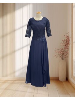 (PRE-LOVED) ราตรียาวสีกรม ผ้าลูกไม้แต่งกลิตเตอร์ กระโปรงผ้าชีฟองแบบเลเยอร์ ปักเพชรที่เอว ไซส์ 2XL