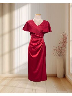 (NEW) ราตรีสั้น แต่งปกแขน ผ้าพรีเมียมซาติน จีบเอว ไซส์ L