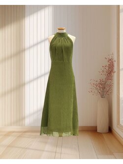 เดรสยาวสีเขียวมัทฉะ ผ้าลูกฟูก ผูกโบว์คล้องคอ ฟีลคุณนาย ไซส์ XL