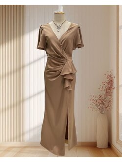 ราตรียาว มีแขน สีน้ำตาล แต่งระบายเอว ฟีลคุณหญิง ไซส์ S