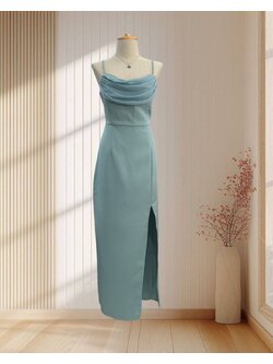 ราตรียาวสีเขียวมินท์ สายเดี่ยว คอถ่วงผ้าหนา ไซส์ XL