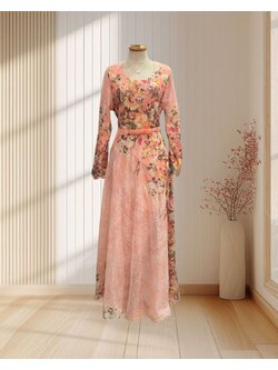 เดรสยาวสีโอรส ลายดอกไม้ พร้อมสายผูกโบว์ ฟรีไซส์ S, M, L