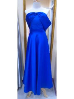 ราตรียาวสีน้ำเงินปาดไหล่ผ้ามันอกโบว์(ฟรีไซส์)