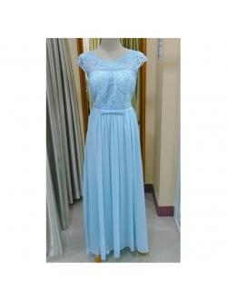 ราตรียาวอกลูกไม้เอวโบว์หลังผูกโบว์สีฟ้า(ฟรไซส์)