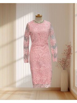 ราตรีสั้นสีชมพู ผ้าลูกไม้ปักเลื่อม แขนยาว แม่เจ้าสาว ไซส์ S