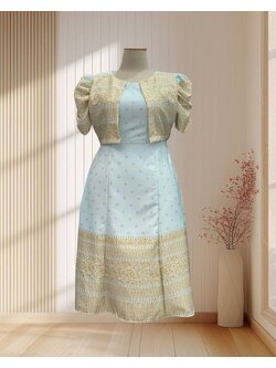 เดรสผ้าไทยสีฟ้า กระโปรงบาน แต่งปกเสื้อ ฟรีไซส์