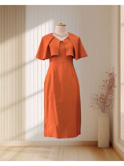 (PRE-LOVED) ราตรีสั้นสีส้ม คอปก คลุมแขน ทรงผู้ดี ไซส์ S