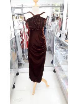 ราตรียาวสีน้ำตาลสายเปียกำมะหยี่ (อก34 เอว28สะโพก38) มือ2