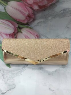 กระเป๋าคลัทซ์แชมเปญแต่งกลิตเตอร์ขอบทอง+โซ่