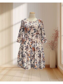 เดรสสั้นสีโอวัลติน ลายดอกไม้วินเทจ แขนยาว กระโปรงจั๊มพ์ ไซส์ 2XL