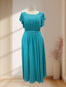 (PRE-LOVED) ราตรียาวสีเขียว ผ้าชีฟองแขนระบาย ผ้กรุยกราย พริ้วๆ ไซส์ 4XL