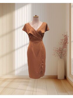 (PRE-LOVED) ราตรีสั้นสีน้ำตาล ปกแขนระบาย ไซส์ L