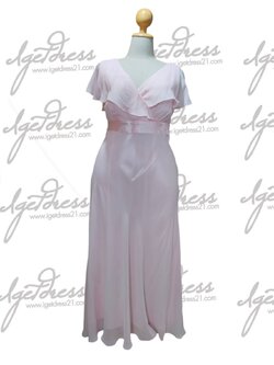 ชุดราตรียาวชีฟองคอวีมีแขน สีชมพู 4XL