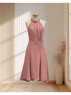 ราตรีสั้นสีชมพู คอปีน แขนกุด กระโปรงบาน ไซส์ XL