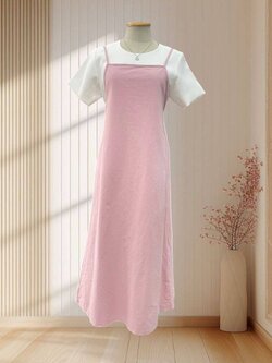 เดรส 3 ส่วน สายเดี่ยว สีชมพู จั้มพ์หลัง ไซส์ M (ไม่รวมเสื้อขาว)