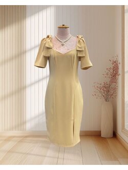 ชุดราตรีสั้น แขนสั้น โบว์ใหญ่ 2ข้าง ผ้าฮานาโกะS