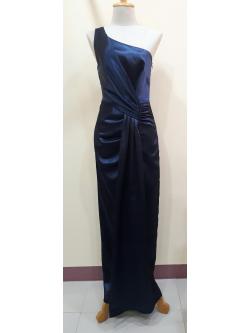 ชุดราตรียาวสีกรมท่าไหล่เบี่ยงขยุ่มเอว (S)