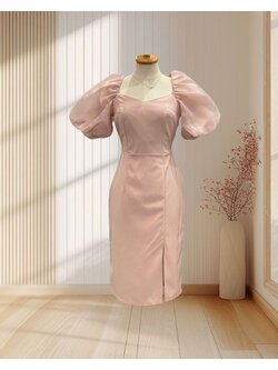 ราตรีสั้นสีนู้ด แขนพองผ้าแก้ว ไซส์ M