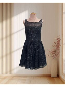 (PRE-LOVED) ราตรีสั้นสีดำ ปักเลื่อม แขนกุดผ้าซีทรู กระโปรงบาน ไซส์ M