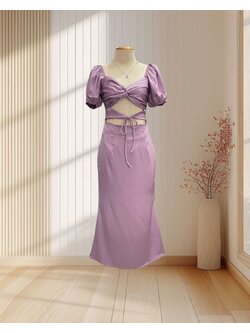 เดรสยาวสีม่วงพาสเทล แขนตุ๊กตา เว้าหน้าท้อง แต่งโบว์ ไซส์ S