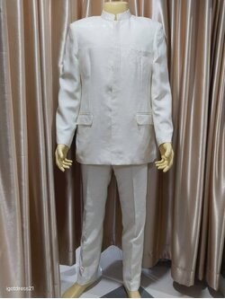 ชุดเสื้อสูทสีครีมปกตั้ง+กางเกง L (AU)