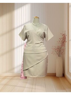 ชุดเดรสสั้นมีแขนคอวีตีเกล็ดหน้าสีครีม 2XL