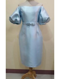 (PRE-LOVED) ชุดราตรีสั้นสีฟ้าเเขนตุ๊กตา-เข็มขัดโบว์ (Size : L)