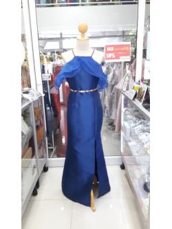 ยาวน้ำเงินเปิดบ่าแต่งผ้าแก้วระบาย2ชั้น (L)