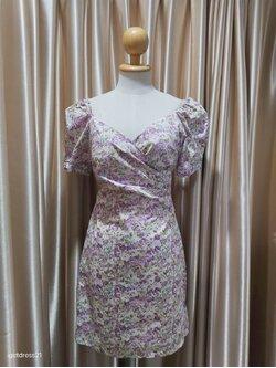 เดรสสั้น สีม่วงลายดอกไม้ แขนตุ๊กตาแบ็วกรุบ ไซส์ S