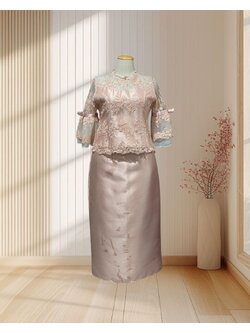 ชุดลูกไม้เสื้อชมพูแขนบาน+กระโปรงชมพู 3Xl (เสื้อมือ2 กระโปรงเป็นมือ1)