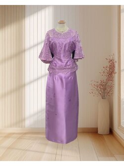 (PRE-LOVED) ชุดคุณแม่สีม่วง ผ้าลูกไม้+กระโปรงผ้าไหมเทียม ไซส์ L