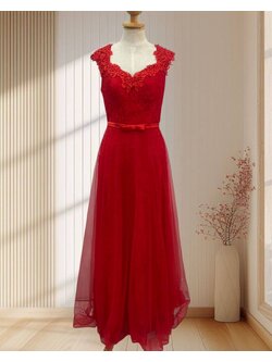 (PRE-LOVED) ชุดราตรีลูกไม้กระโปรงชีฟองF