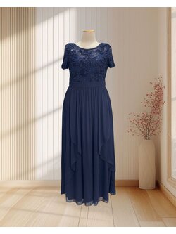 (PRE-LOVED) ราตรียาวสีกรม มีแขน ปักดอกไม้ 3D เว้าหลัง กระโปรงอัดพลีท ไซส์ 4XL