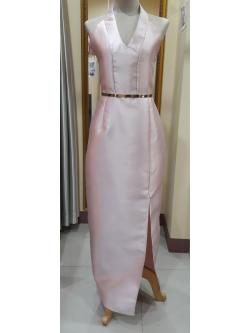 ชุดราตรียาวสีชมพูคอวีเปิดไหล่ (XL)