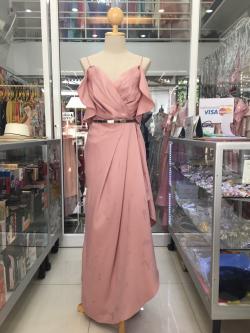 ราตรียาวสีชมพูสายเดี่ยวปิดแขนระบาย (S)