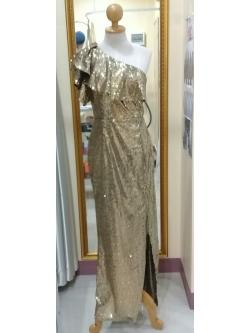 ชุดราตรียาวผ้าเลื่อมบ่าระบายสีทอง(L) มือ2