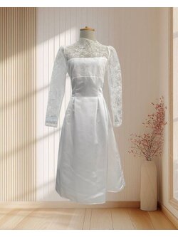 เดรสสีขาว แขนยาว ผ้าลูกไม้ กระโปรงบาน ไซส์ M