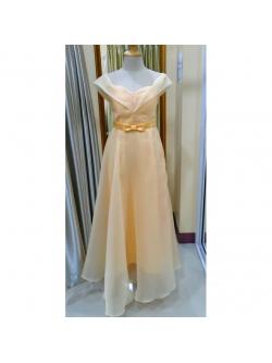 ราตรียาวสีเหลืองทอง ผ้าแก้วนิ่ม ปาดไหล่เอวโบว์(ฟรีไซส์)