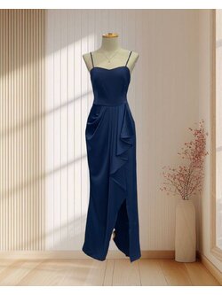 ราตรียาวสีน้ำเงิน สายเดี่ยว แต่งระบายด้านหน้า ไซส์ M