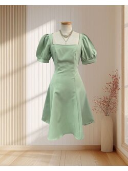 (PRE-LOVED) เดรสสั้นสีเขียวมะกอก แขนตุ๊กตา กระโปรงบาน ไซส์ M