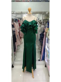 ยาวสายเดี่ยวแขนและอกแต่งระบายผ่าหน้าสีเขียว (XS)