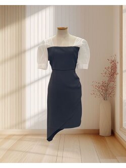 เดรสสั้นสีดำ แขนตุ๊กตาสีขาวผ้าแก้ว ไซส์ L