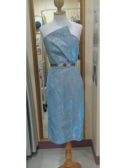 (PRE-LOVED) ชุดราตรีสั้นเกาะอกผ้าgliterสีฟ้า (S)