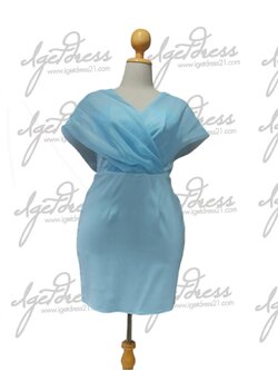 ราตรีสั้นสีฟ้าผ้าฮานาโกะแต่งคลุมไหล่ด้วยผ้าออแกนดี้ 2XL