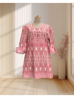 เดรสผ้าไทย สีชมพู แขนพอง แต่งโบว์ ไซส์ 6XL