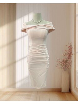 เดรสสั้นสีโอรส รัดรูป เปิดไหล่ แต่งจีบช่วงเอว ไซส์ XS