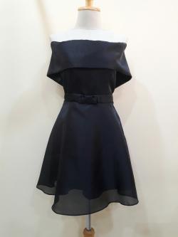 (PRE-LOVED) ชุดราตรีสั้นสีดำปาดไหล่เอวโบว์(ฟรีไซส์) มือ2