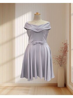 (PRE-LOVED) ราตรียาวสีเทา ปาดไหล่ผ้าหนา กระโปรงบาน ไซส์ 2XL